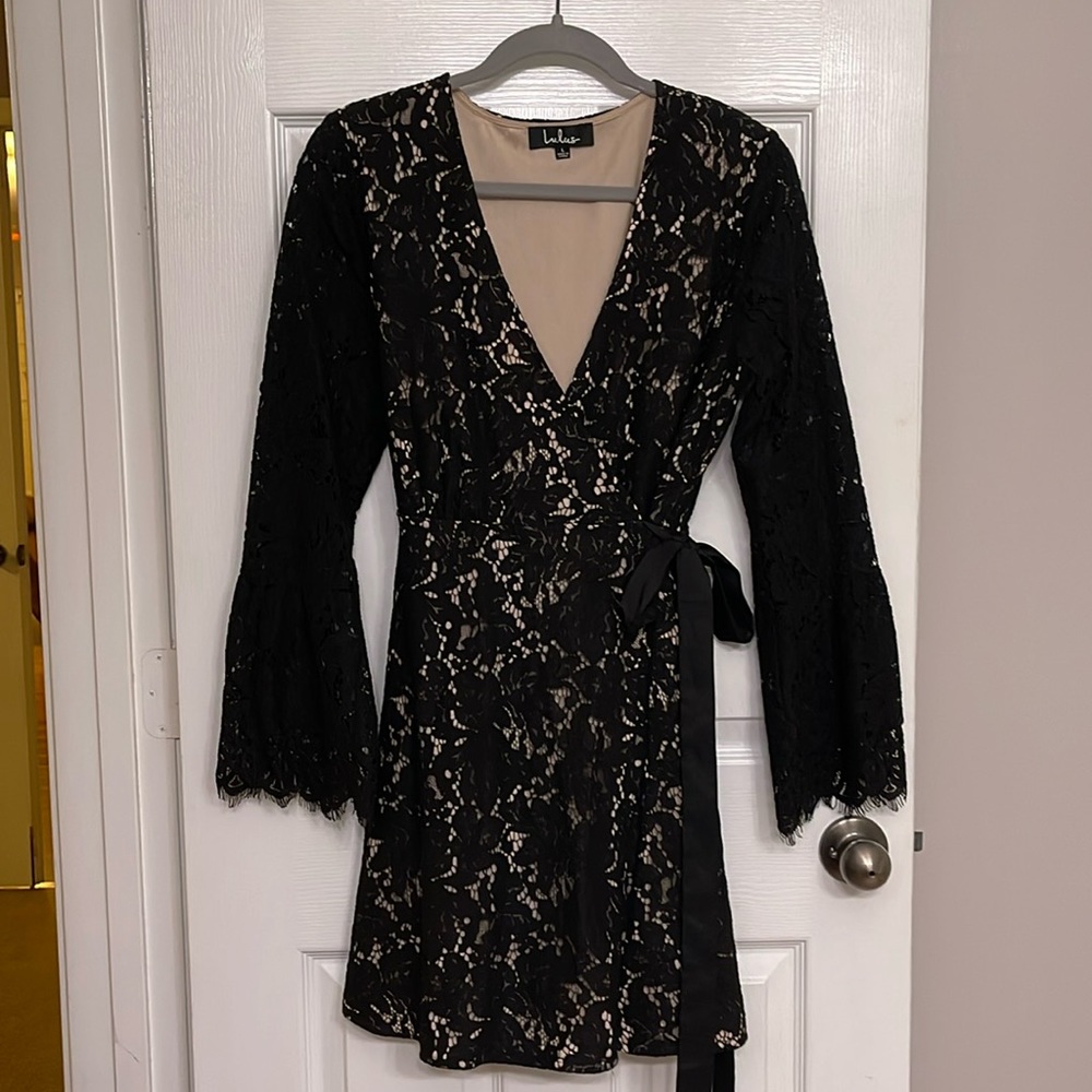 Lulu's Black Lace Wrap Dress with Nude Lining